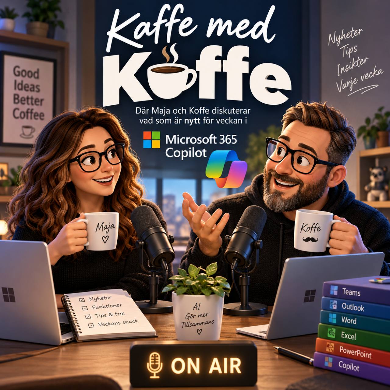 Kaffe med Koffe: Maja och Koffe samtalar vid mikrofoner över varsin kopp kaffe